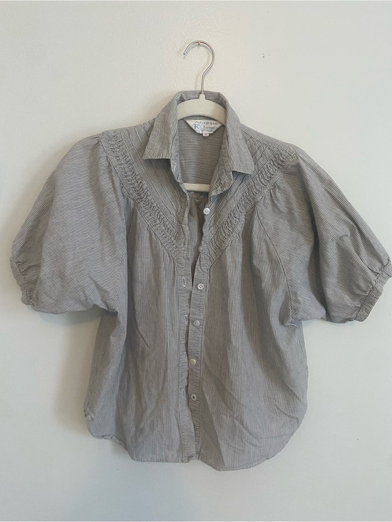 Vintage Tops - Vintage Kangde Gray & White Pinstripe Button-Down Shirt - Size S
